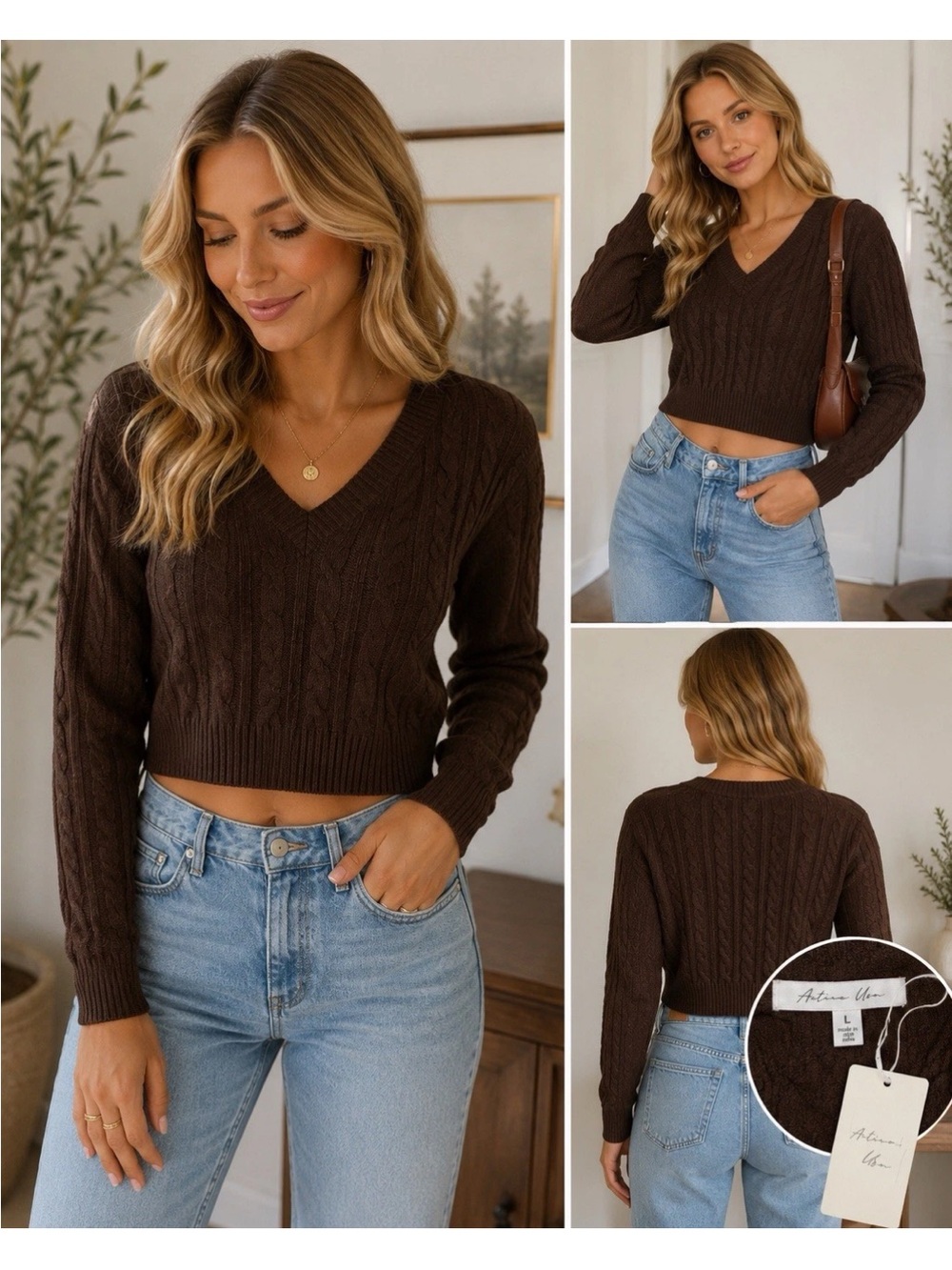 Active USA Women's V-Neck Cable Knit Crop Sweater - Dark Brown